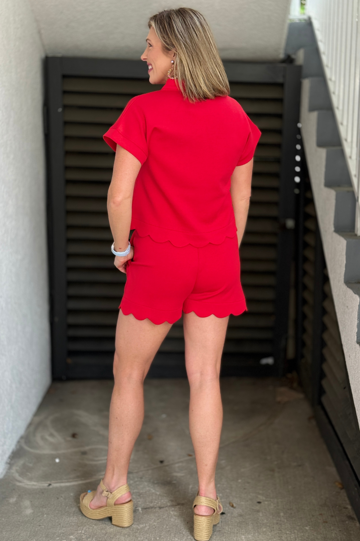 scalloped hem red top and shorts set