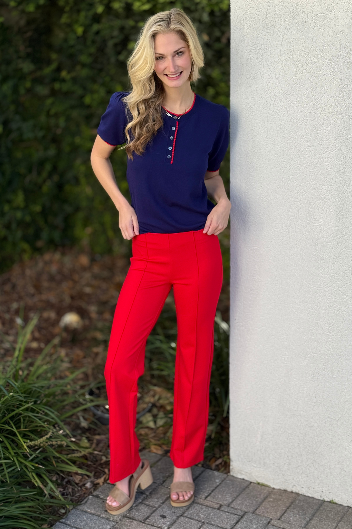 True red straight leg ponte pants front view high rise fit