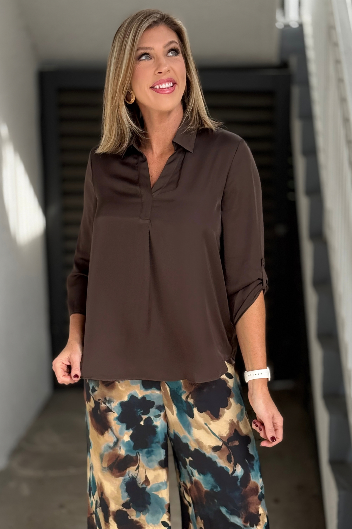 Renuar Chocolate Satin Johnny Collar Blouse for women