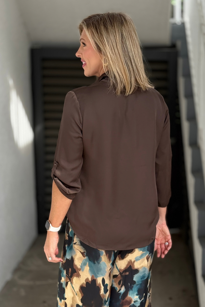 Chocolate brown satin blouse with V-neckline