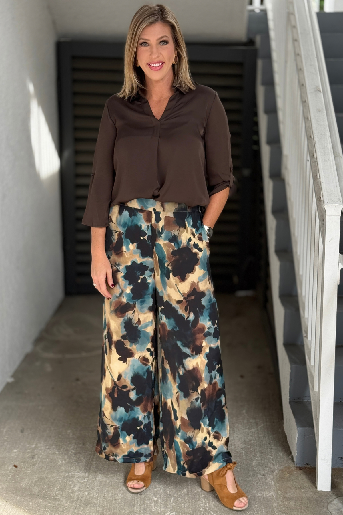 Renuar Winter Floral Luxe Satin Pants in Deep Sea Combo