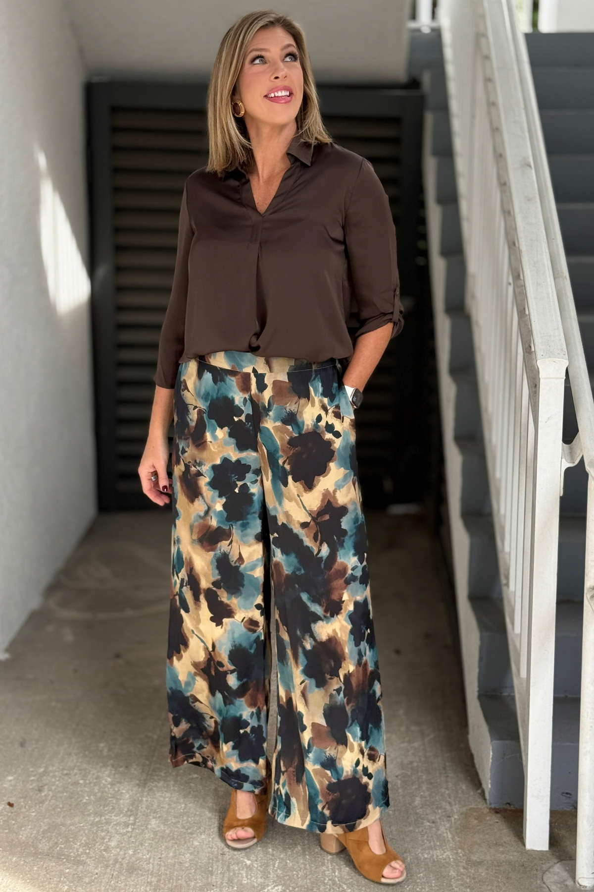 Women’s floral satin pants in teal chocolate and black