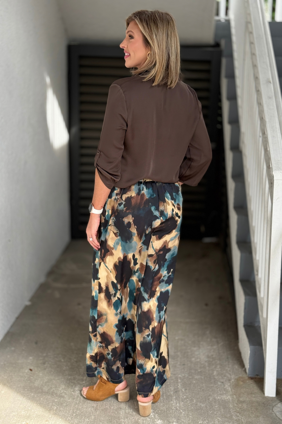 Renuar floral pants styled with chocolate blouse