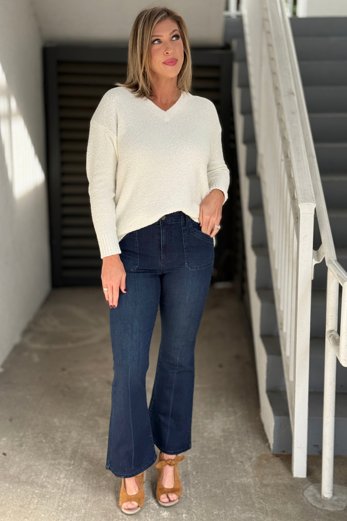 Renuar dark indigo lux denim flare jeans for women