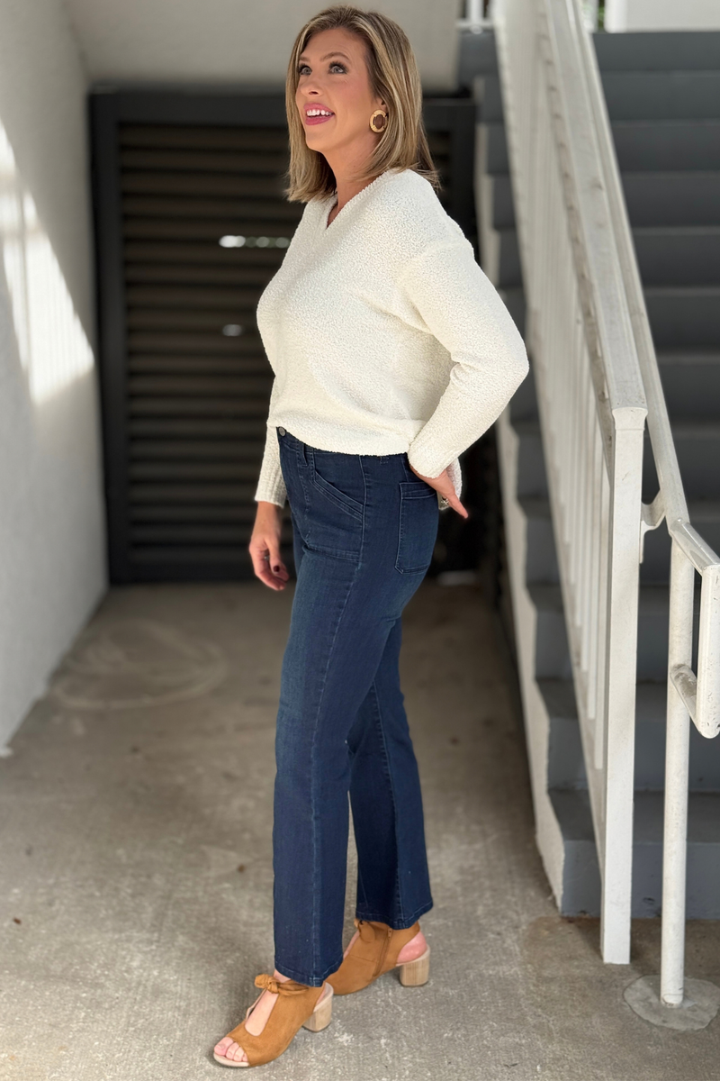 Renuar stretch dark wash flare jeans with front patch pockets