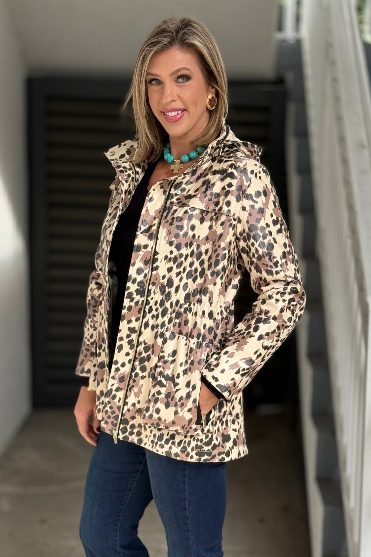 Renuar leopard jacket with hood and patch pockets