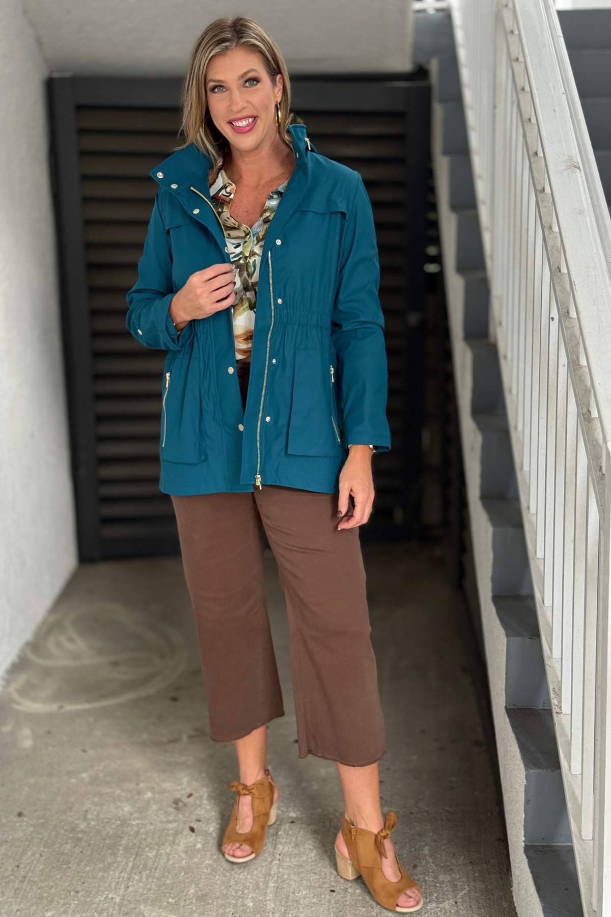 Renuar teal hooded rain jacket with cinched waist