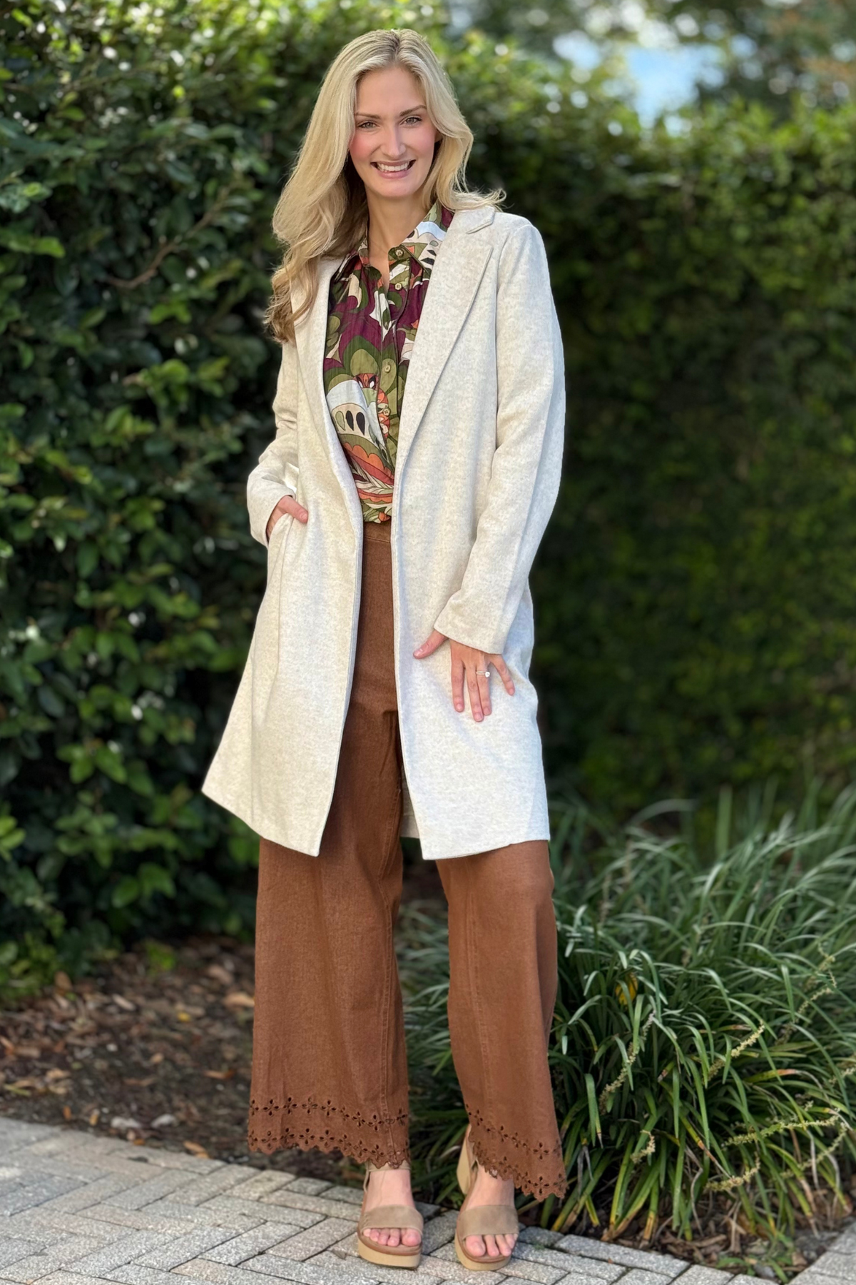 Renuar Long Jacket in Oatmeal open front women’s jacket