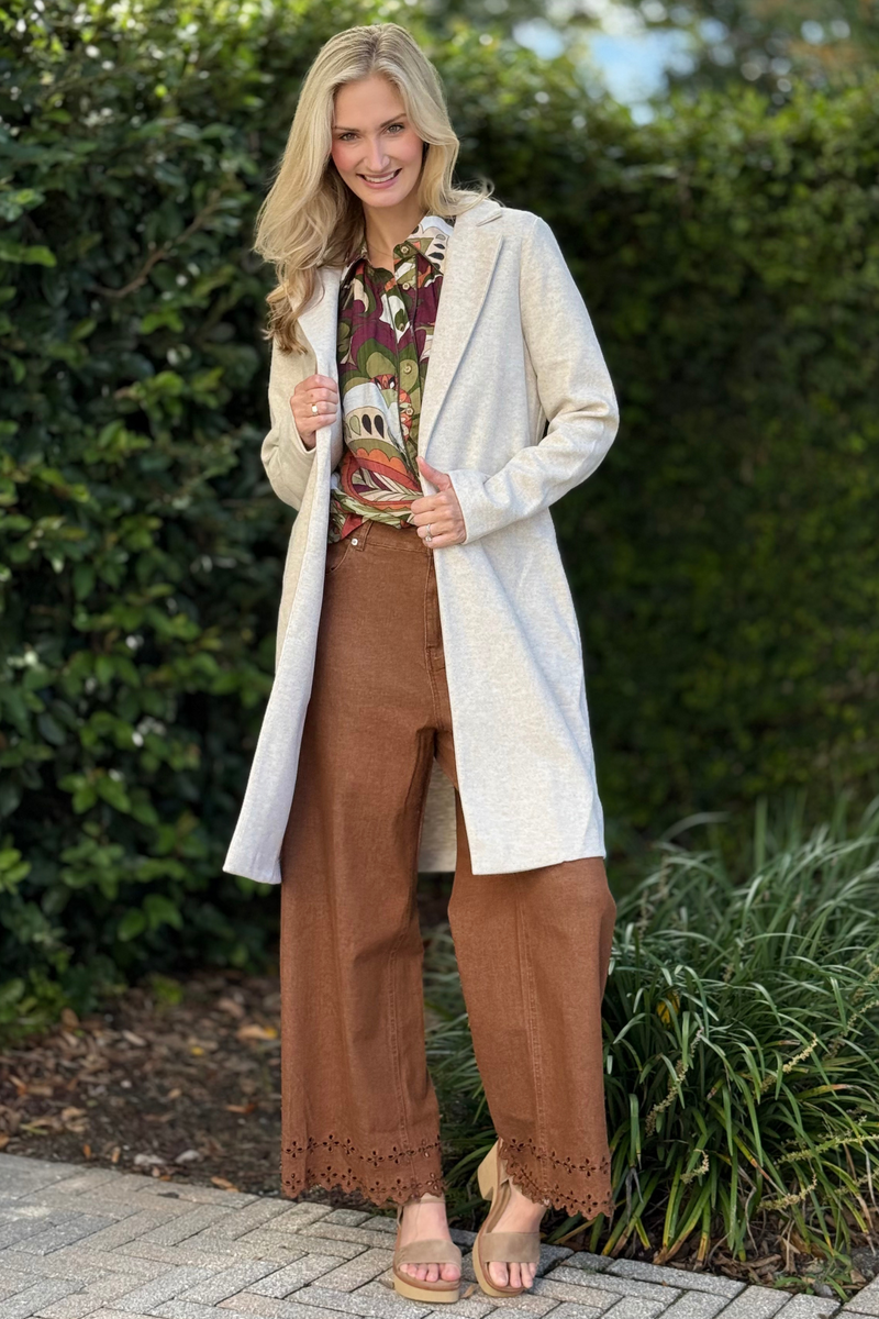 Soft knit layering jacket in neutral oatmeal shade