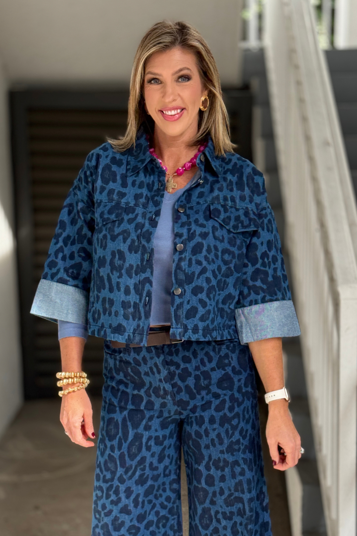 Renuar cropped leopard denim jacket with rolled cuffs