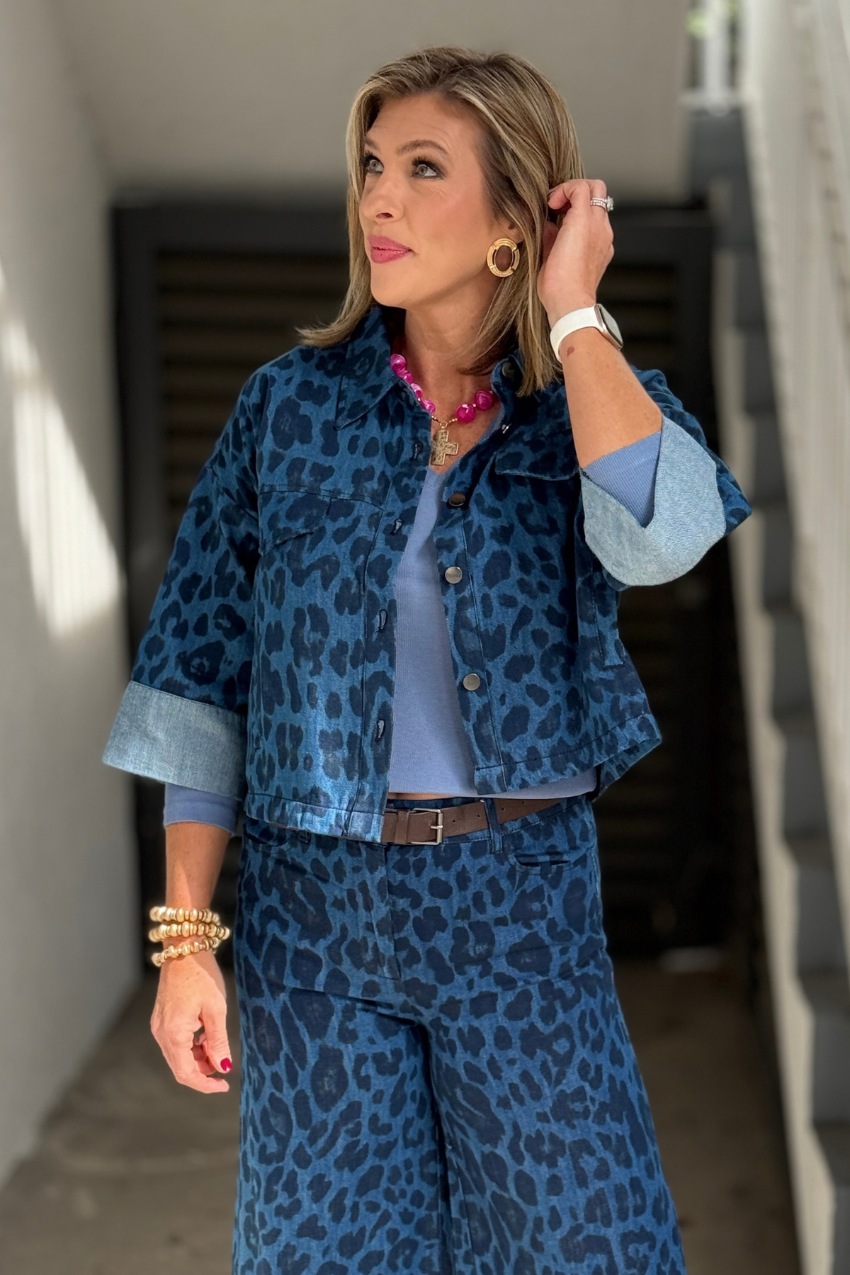 Back view of Renuar Indigo Leopard Denim Jacket