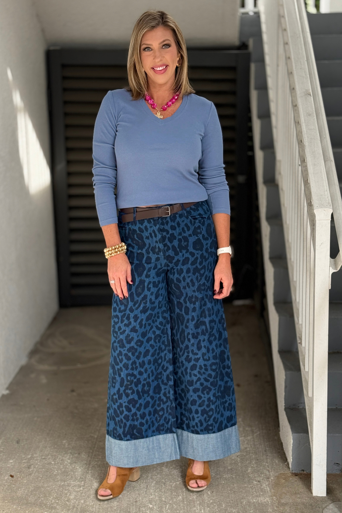 Renuar leopard denim pants with reverse denim cuff