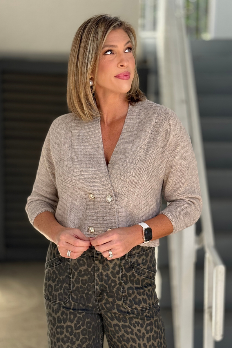Women's oatmeal knit cardigan with statement buttons