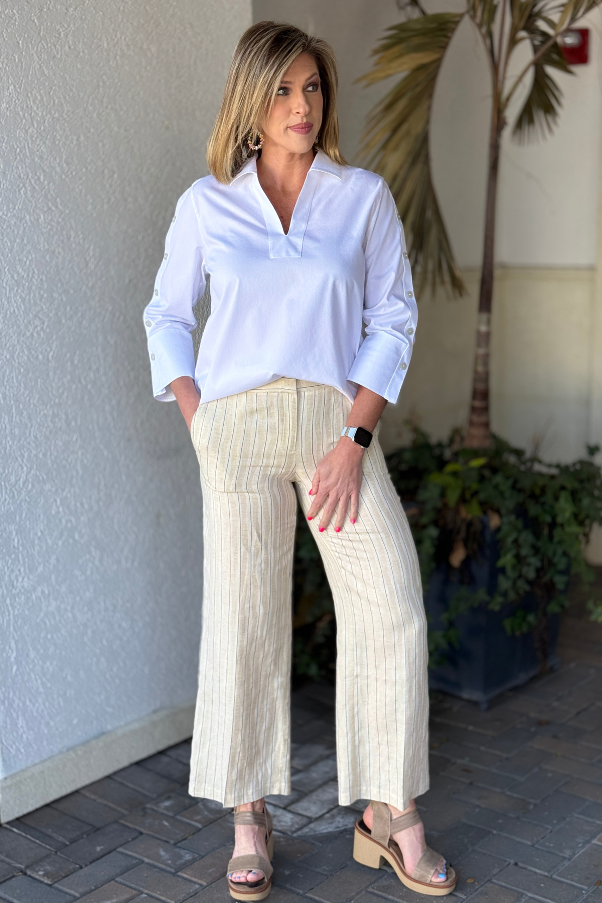 Neutral vertical stripe spring trouser pants for women