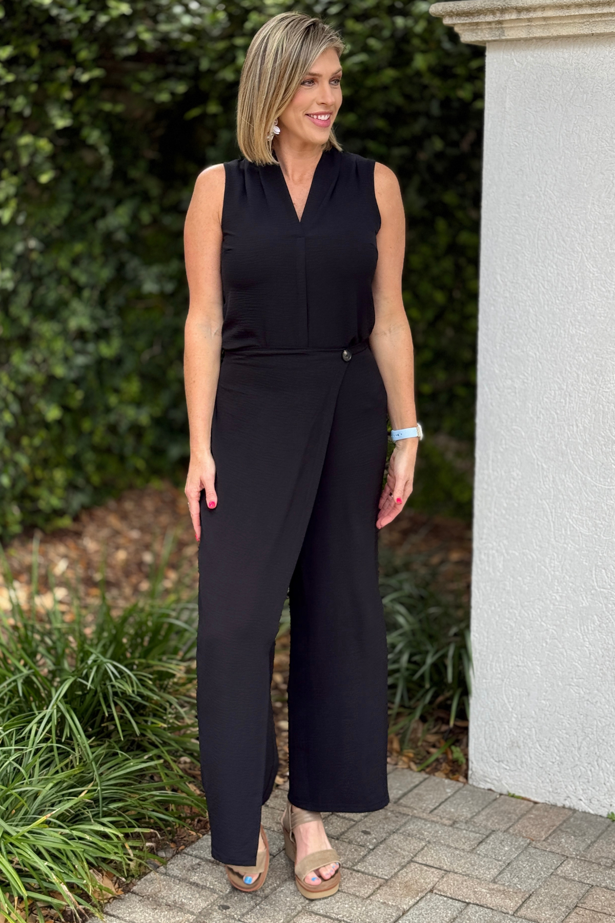 Black wide leg palazzo pants for women with crossover front