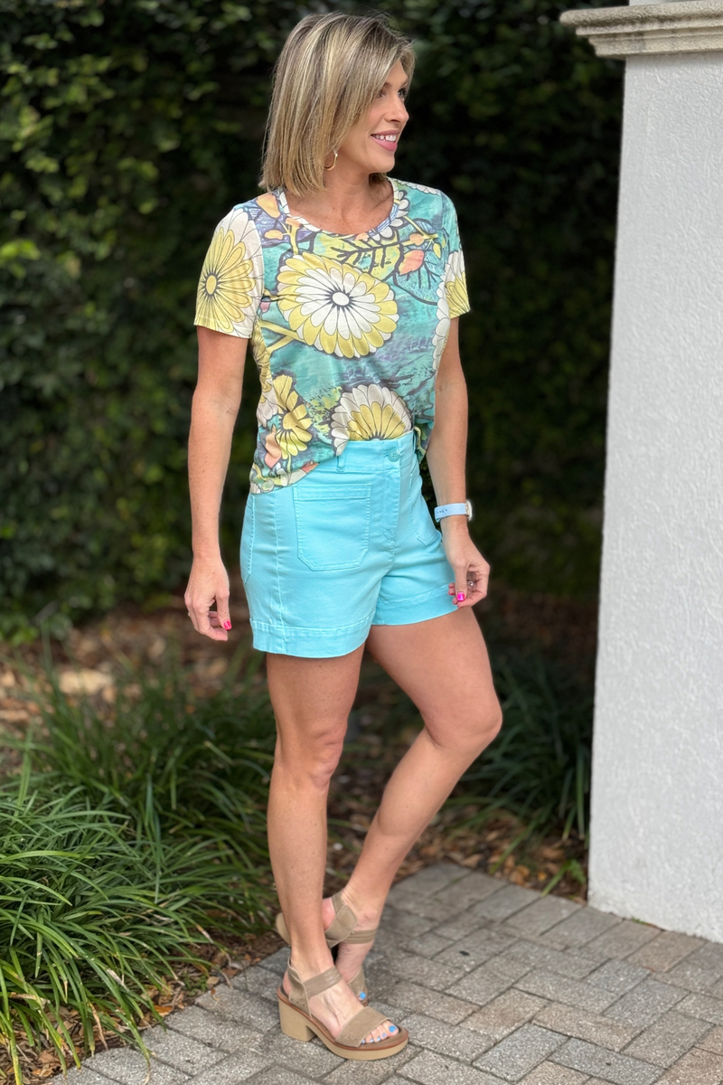 capri blue front pocket shorts women