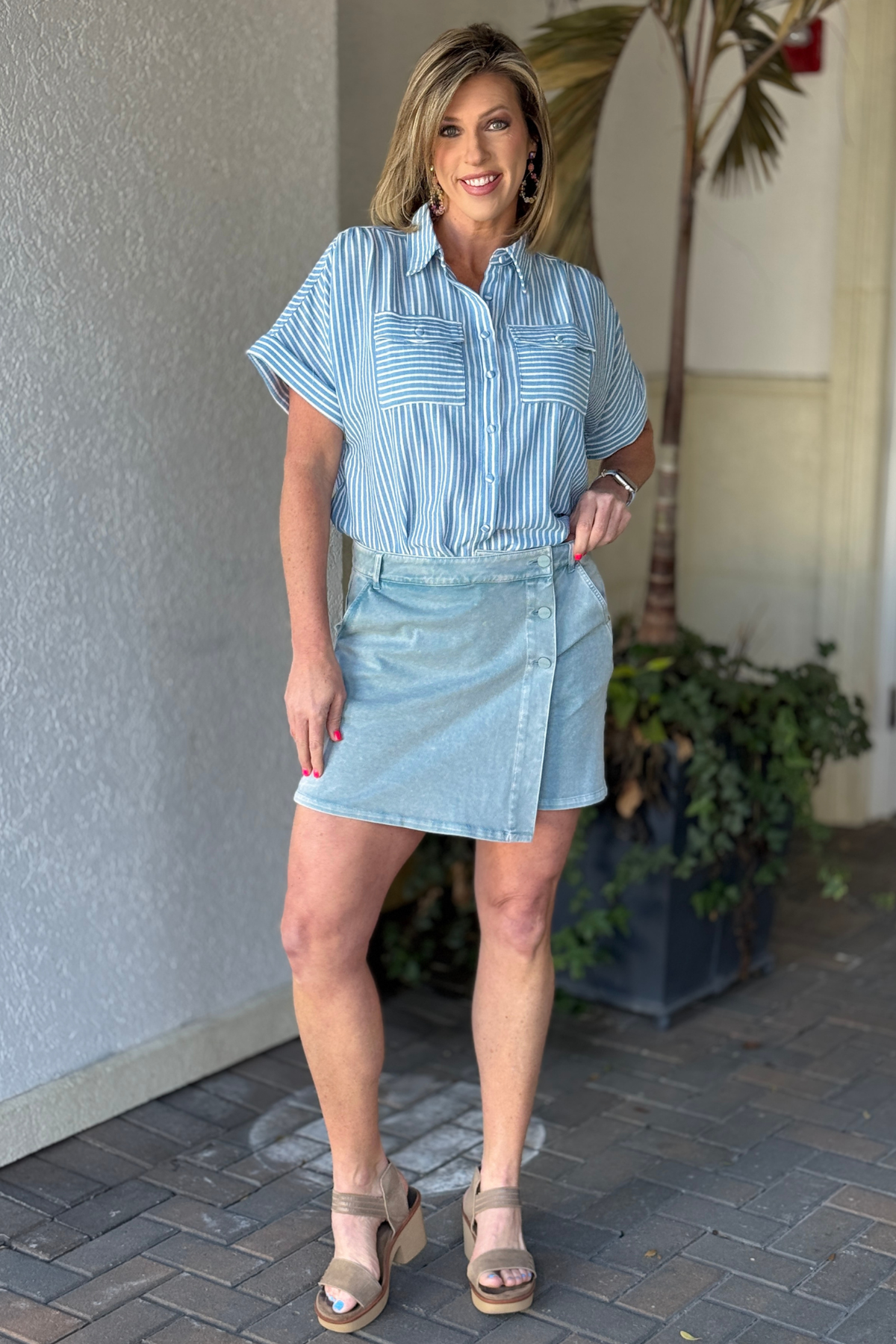 Spring summer boutique skort styled with striped blouse