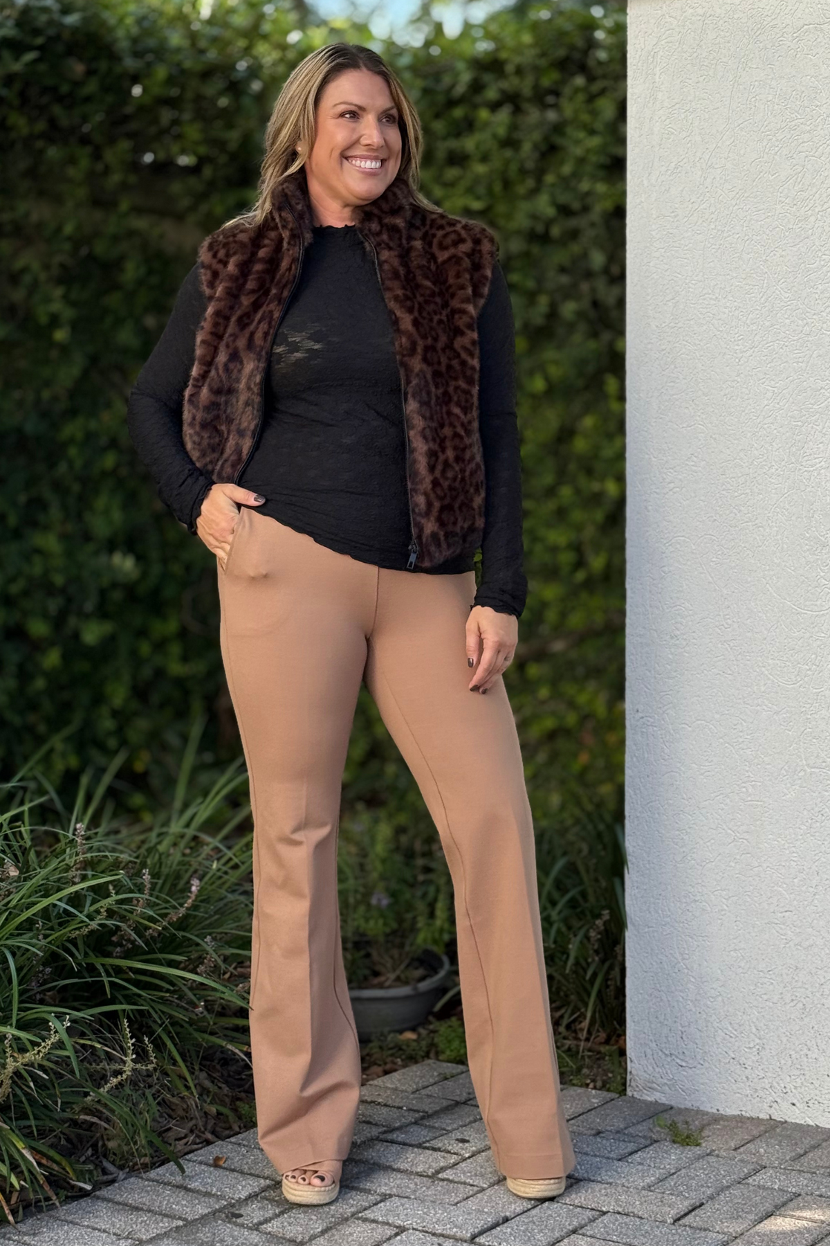 Renuar Bounce Knit Flare Pants in Toasted Tan with pull-on elastic waistband and flared leg.