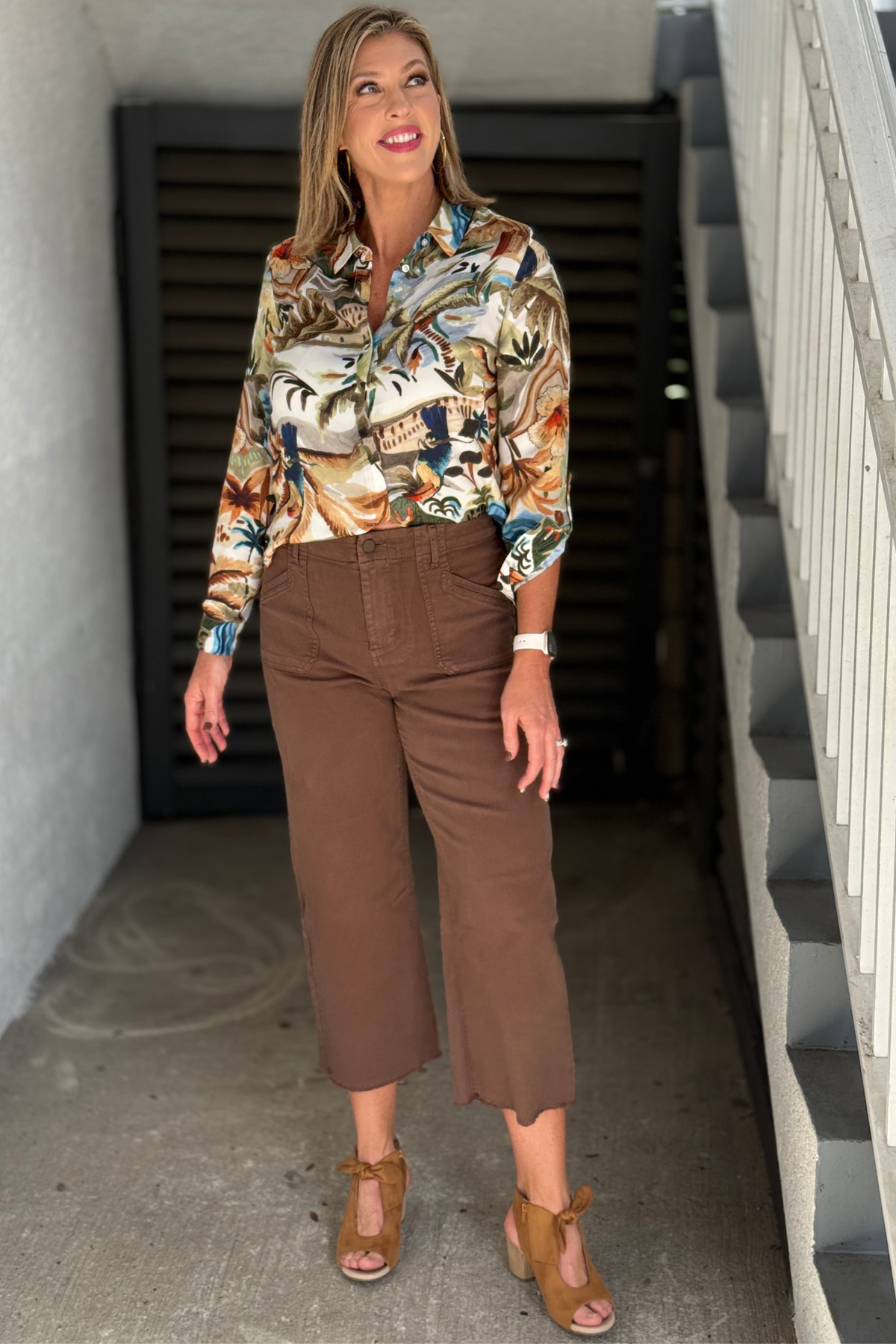 Renuar Fringed Tencel Cropped Wide Leg Pant in Chocolate front view
