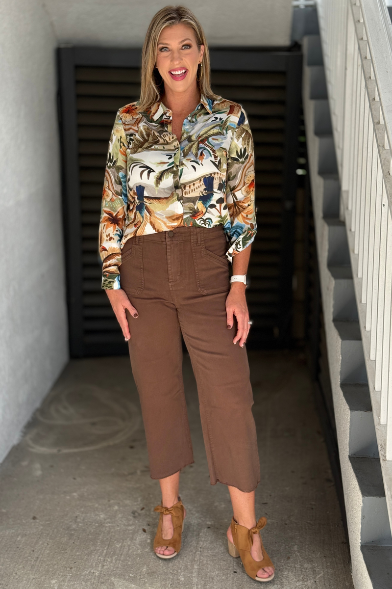 Women’s chocolate cropped wide leg pants with sailor front pockets