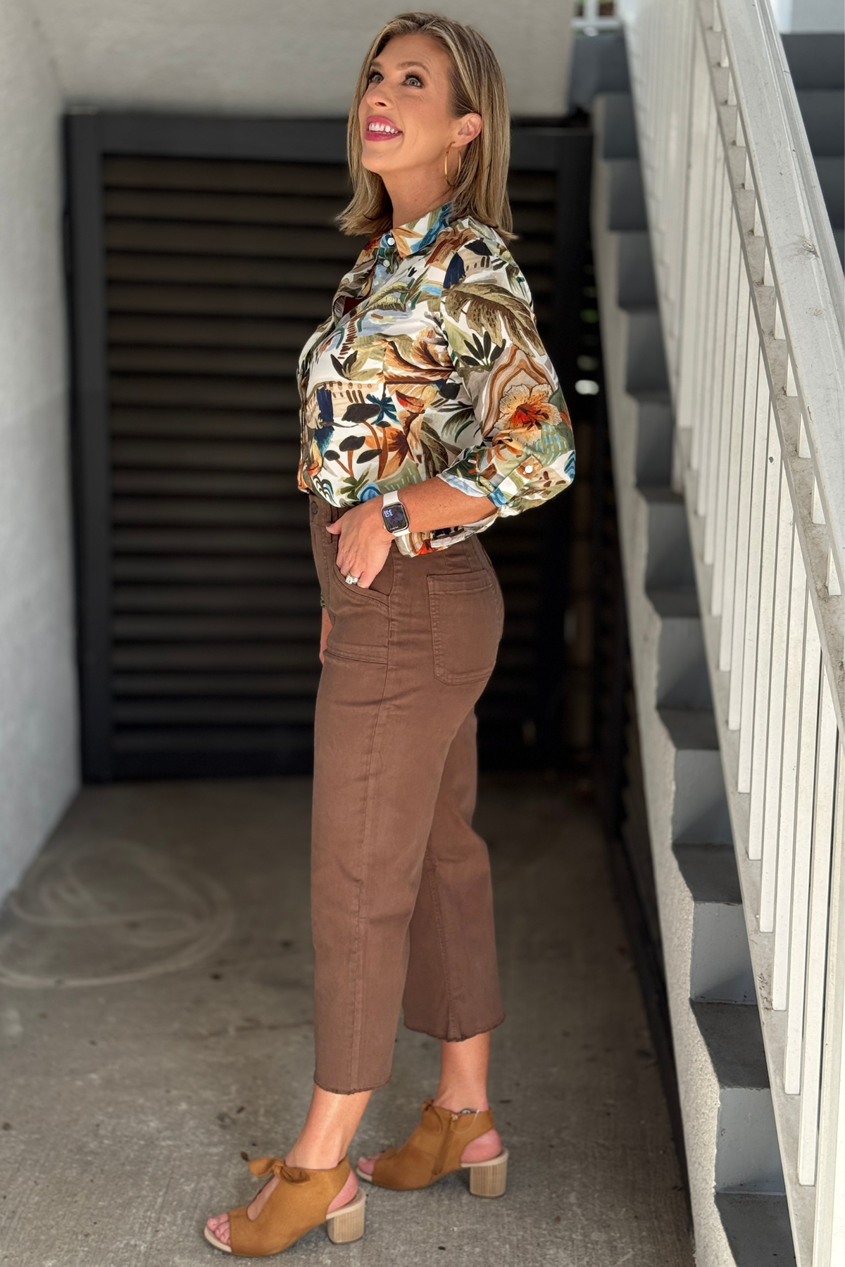 Chocolate cropped pants styled with a printed fall blouse