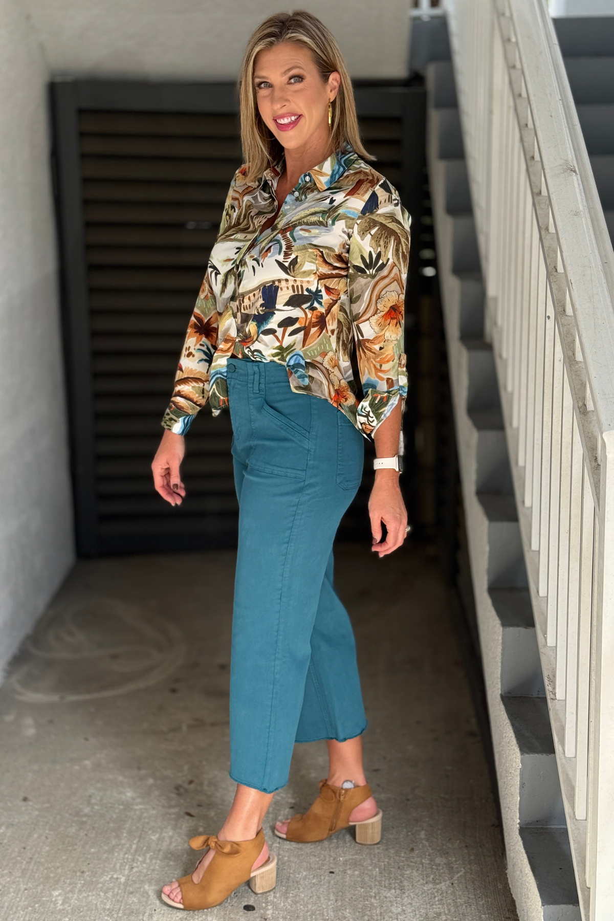 Renuar Fringed Tencel Cropped Wide Leg Pant in teal front view