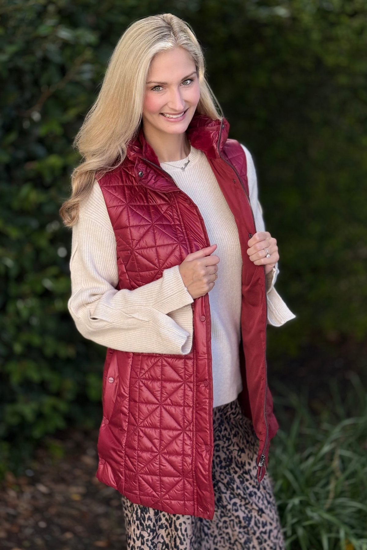 Renuar Luxe Long Quilted Vest Porto Merlot