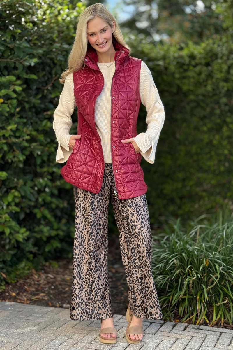 Women’s Long Quilted Vest in Burgundy