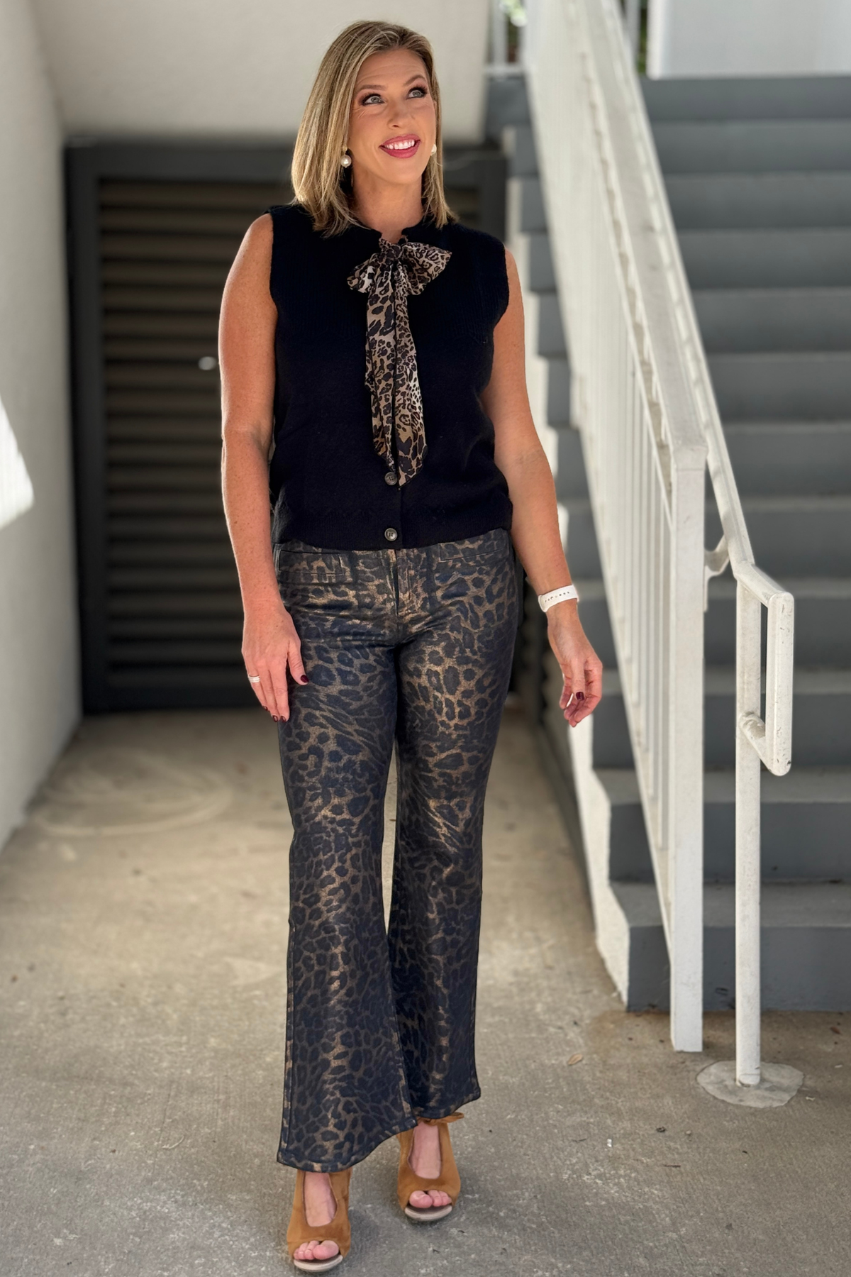 Women’s leopard print bootcut jeans with copper finish