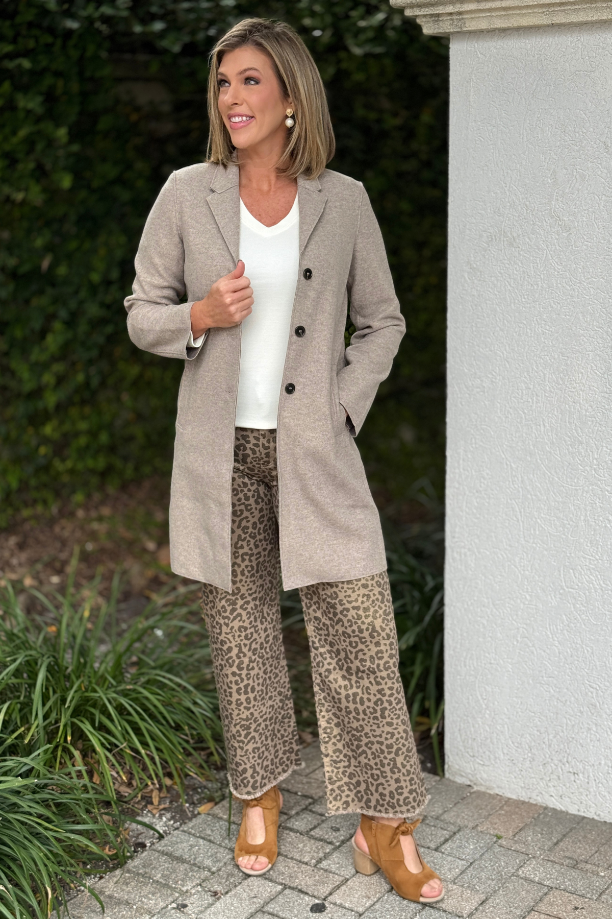 Renuar brushed knit long coat in Heather Latte