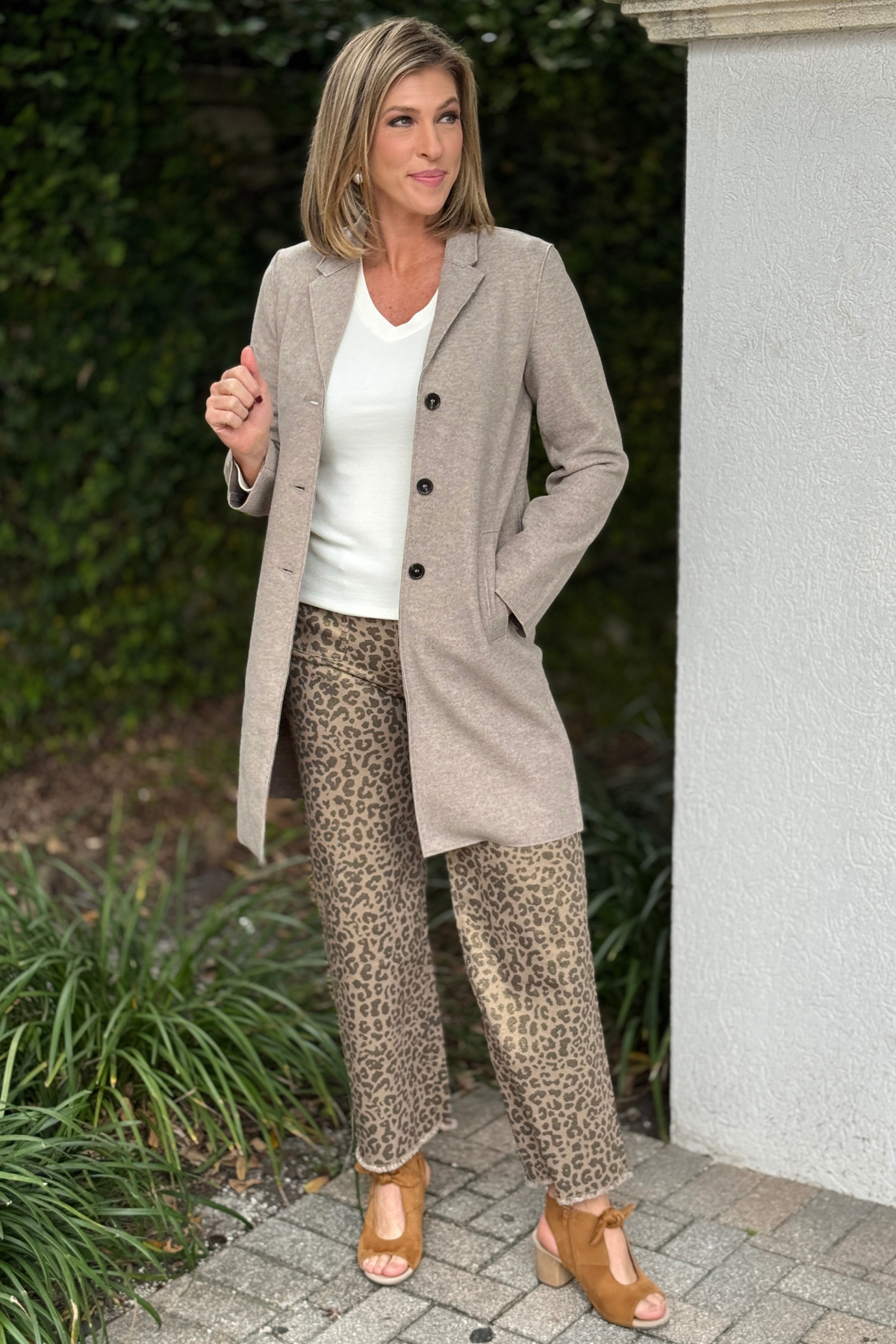 Renuar neutral brushed knit coat with button front