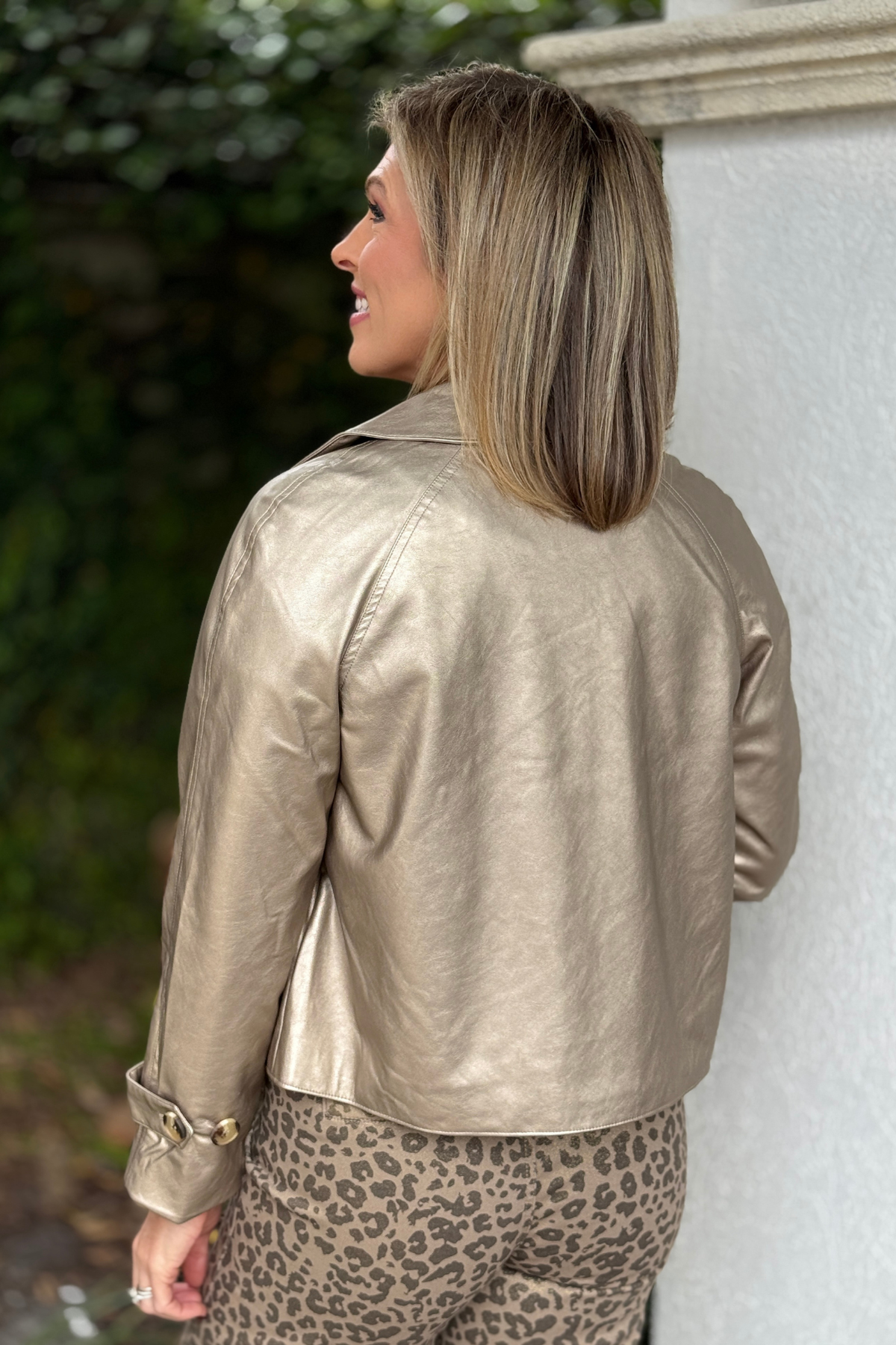 Renuar metallic jacket styled with neutral pants