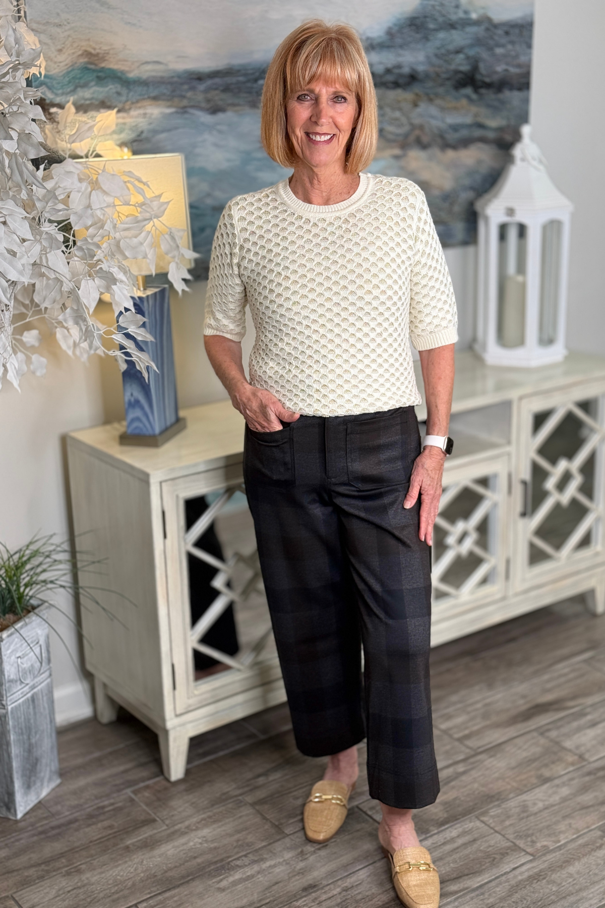 Renuar checked ankle pants styled with tall brown boots