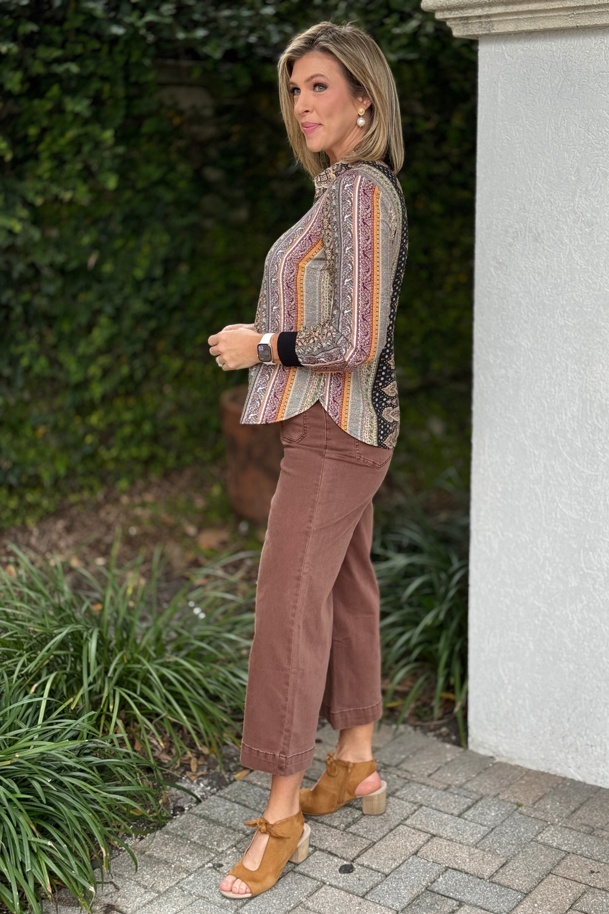 Renuar mixed paisley print collared blouse with contrast cuffs