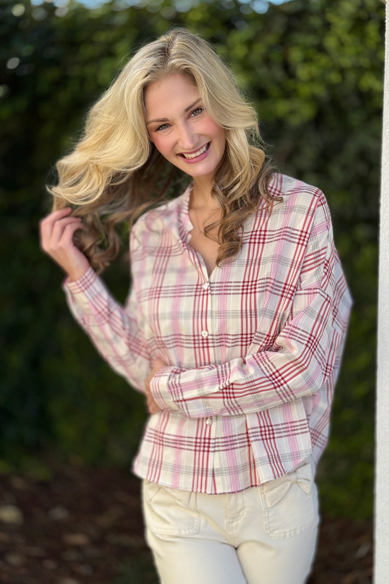Women’s lightweight plaid button front blouse