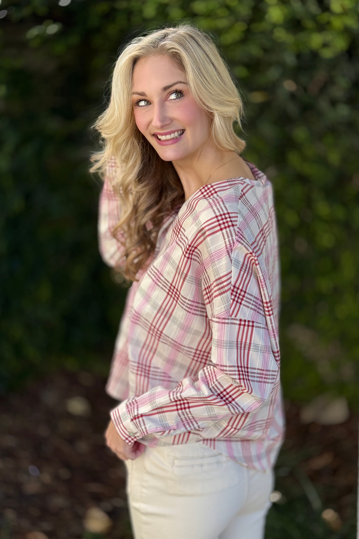 Relaxed fit cotton plaid shirt styled with colored denim