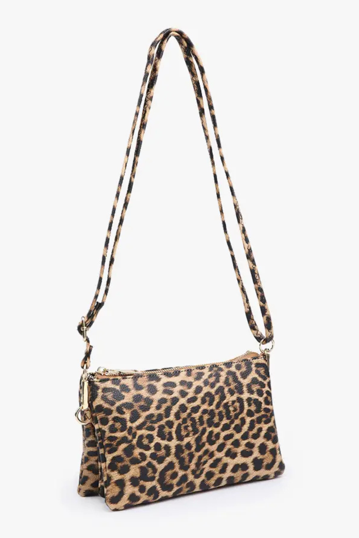 Jen & Co Riley Monogrammable Leopard Print Crossbody & Wristlet – vegan leather 3-compartment bag with detachable wristlet strap