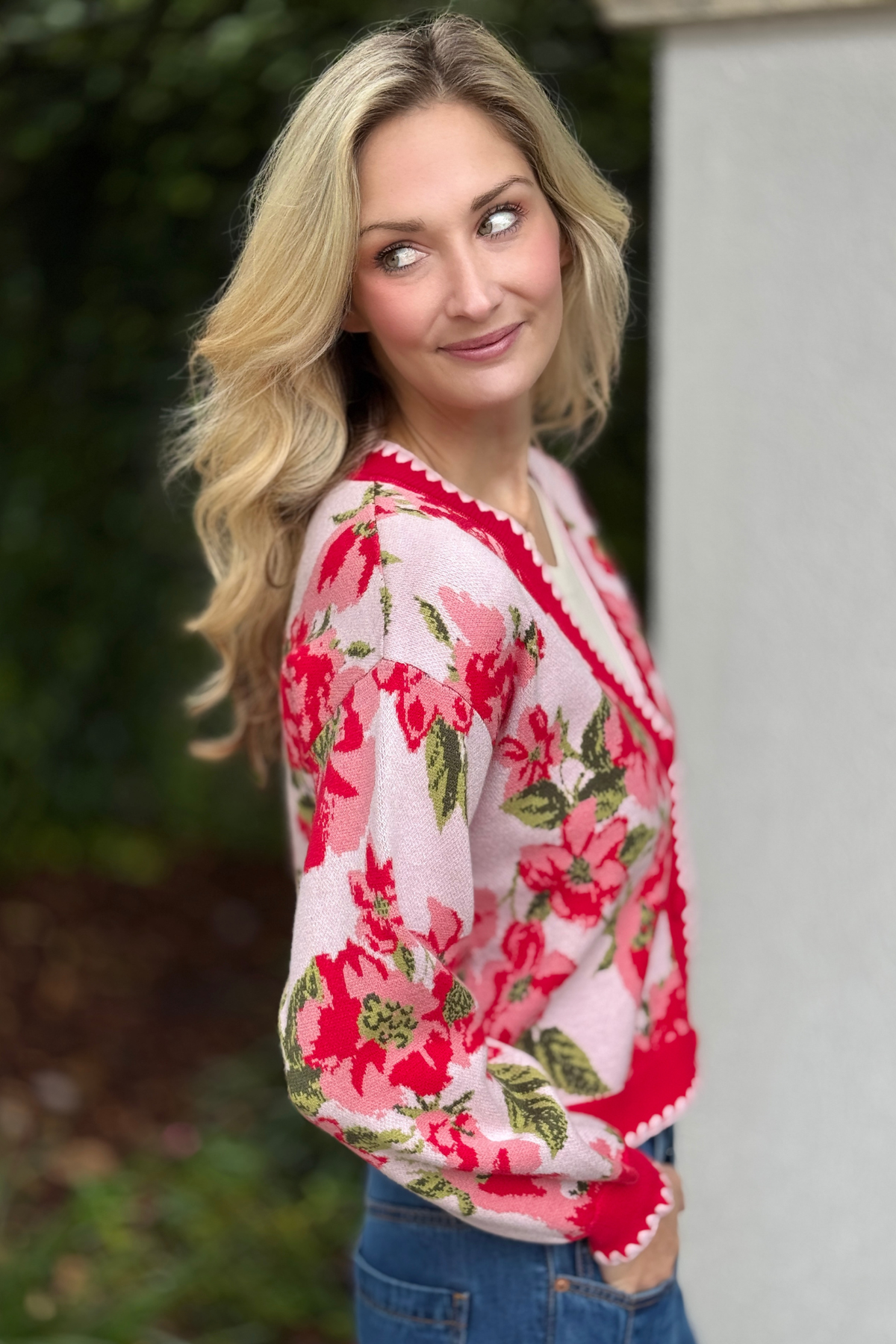 Back view of boutique floral cardigan sweater