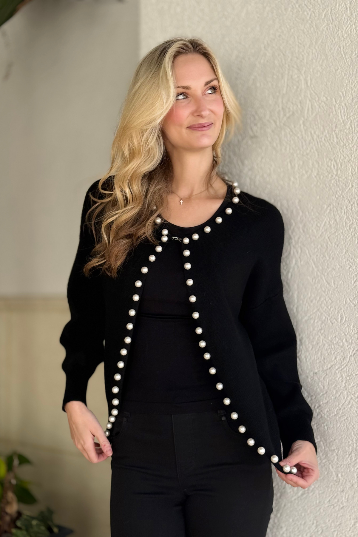 One-size pearl trim statement cardigan