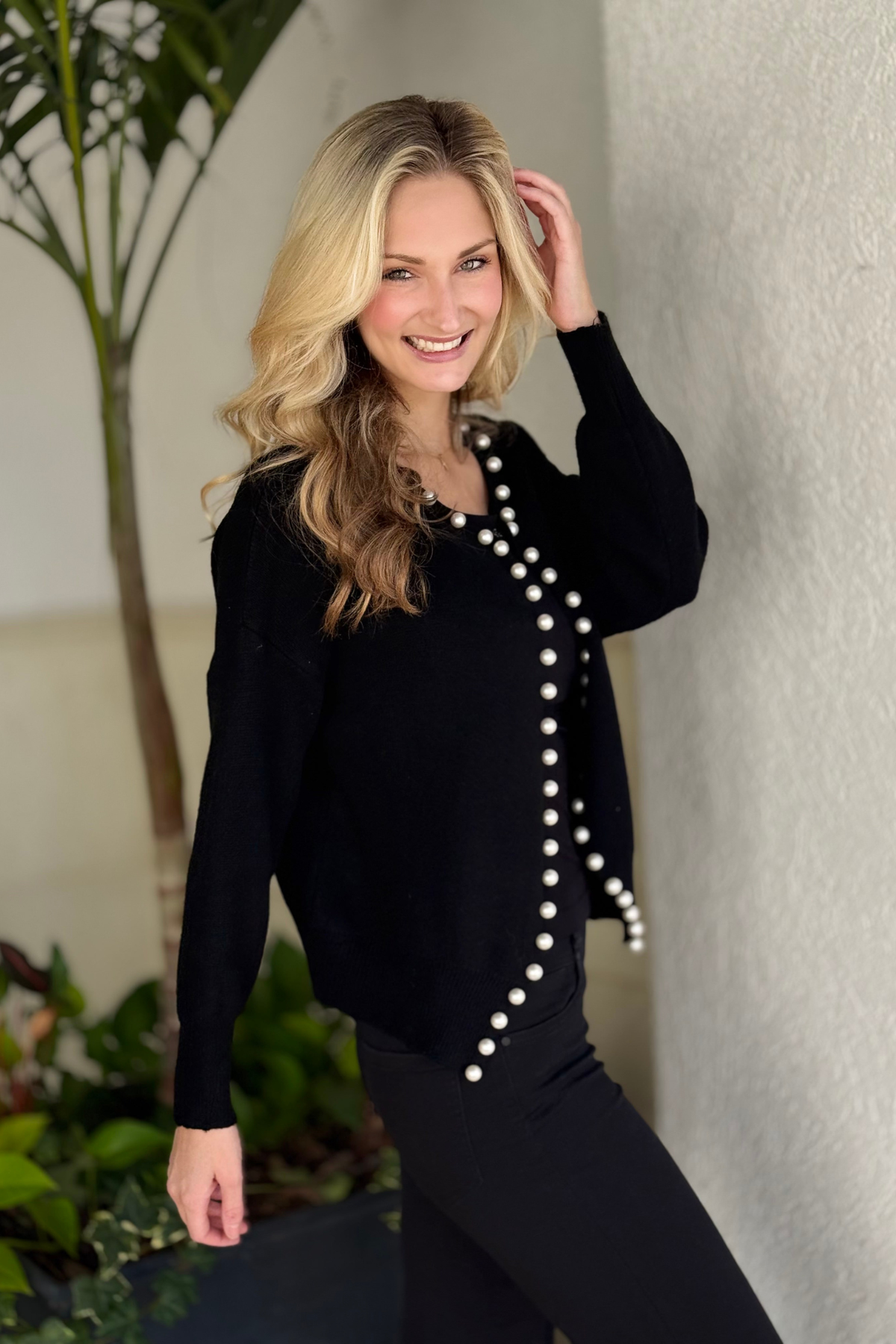 Pearl trim open-front cardigan sweater