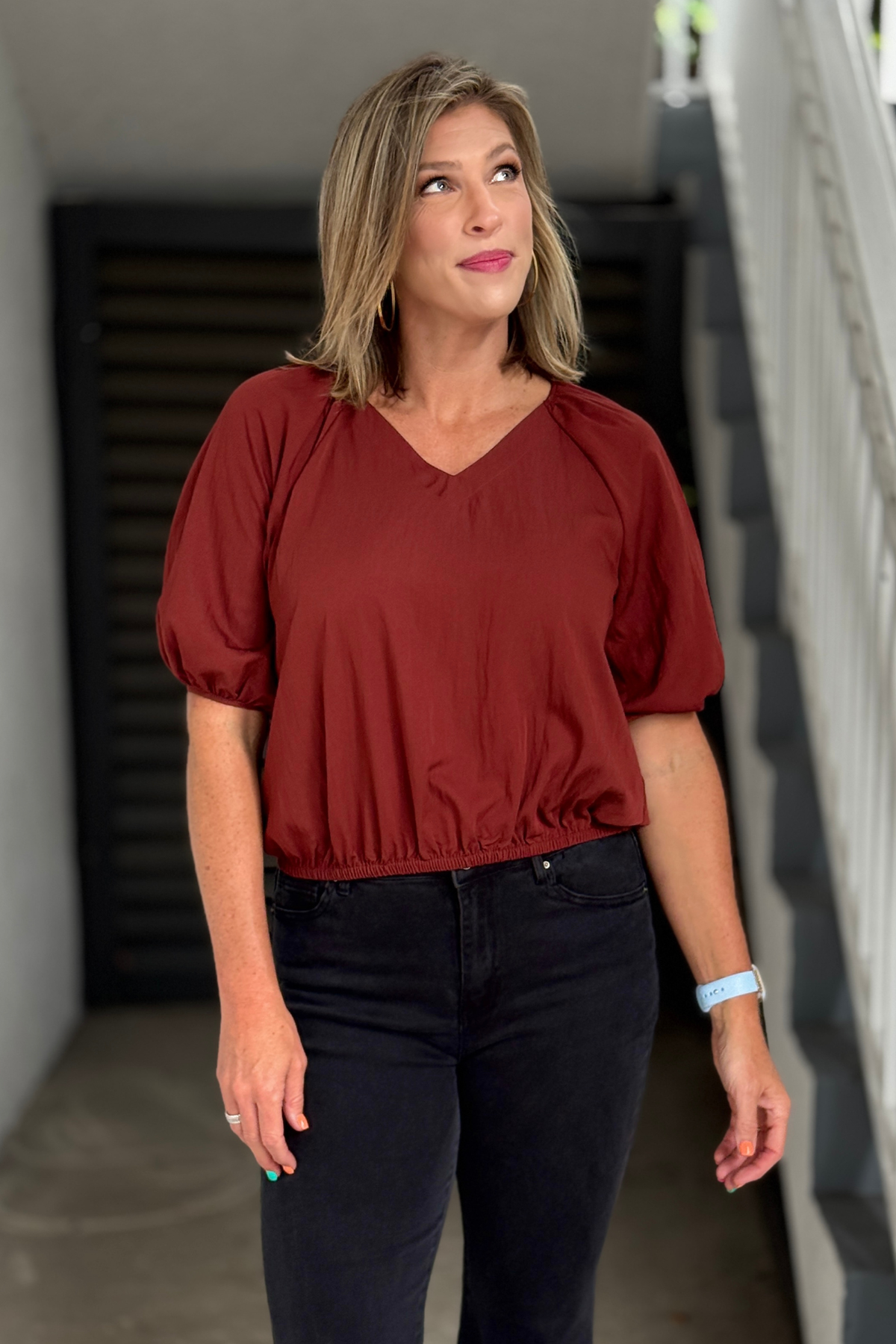 Everyday Elegance Bubble Hem Blouse in Rust