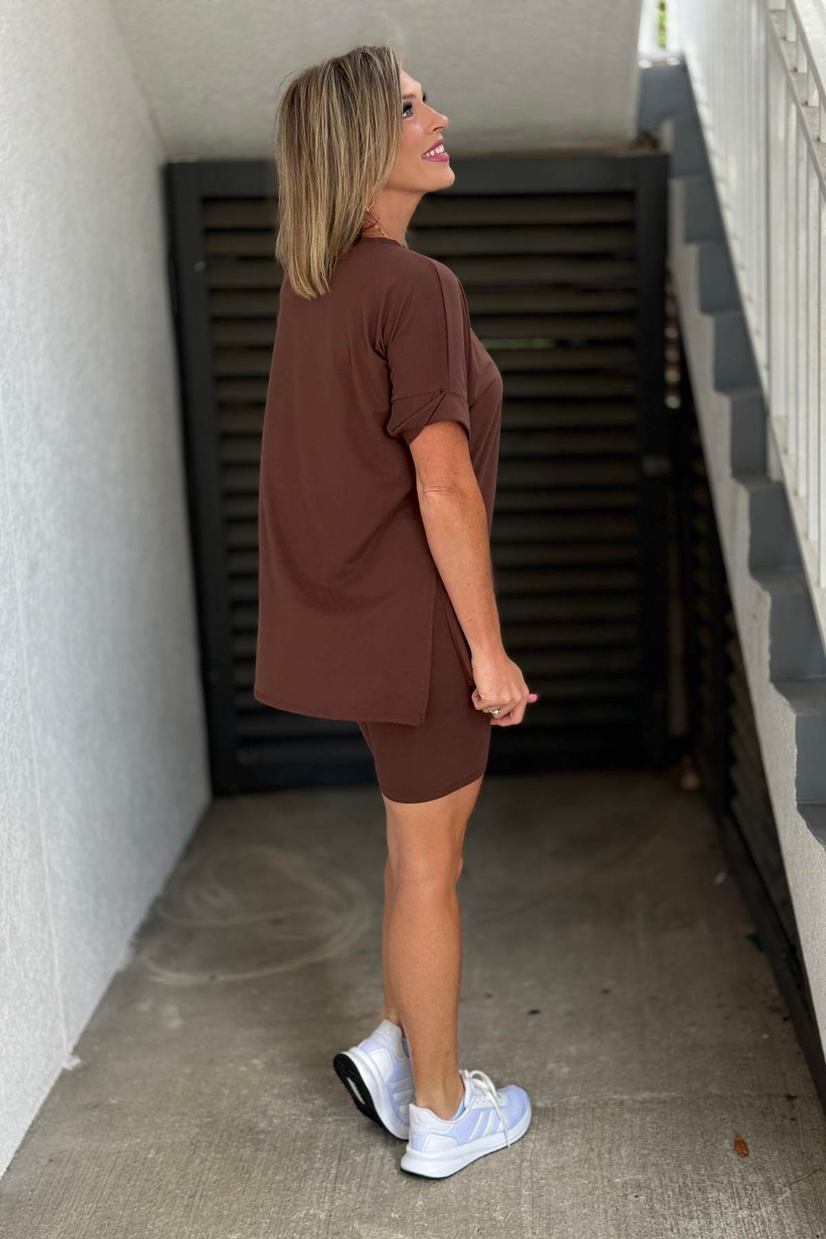 Comfortable mocha biker set perfect for travel and everyday wear