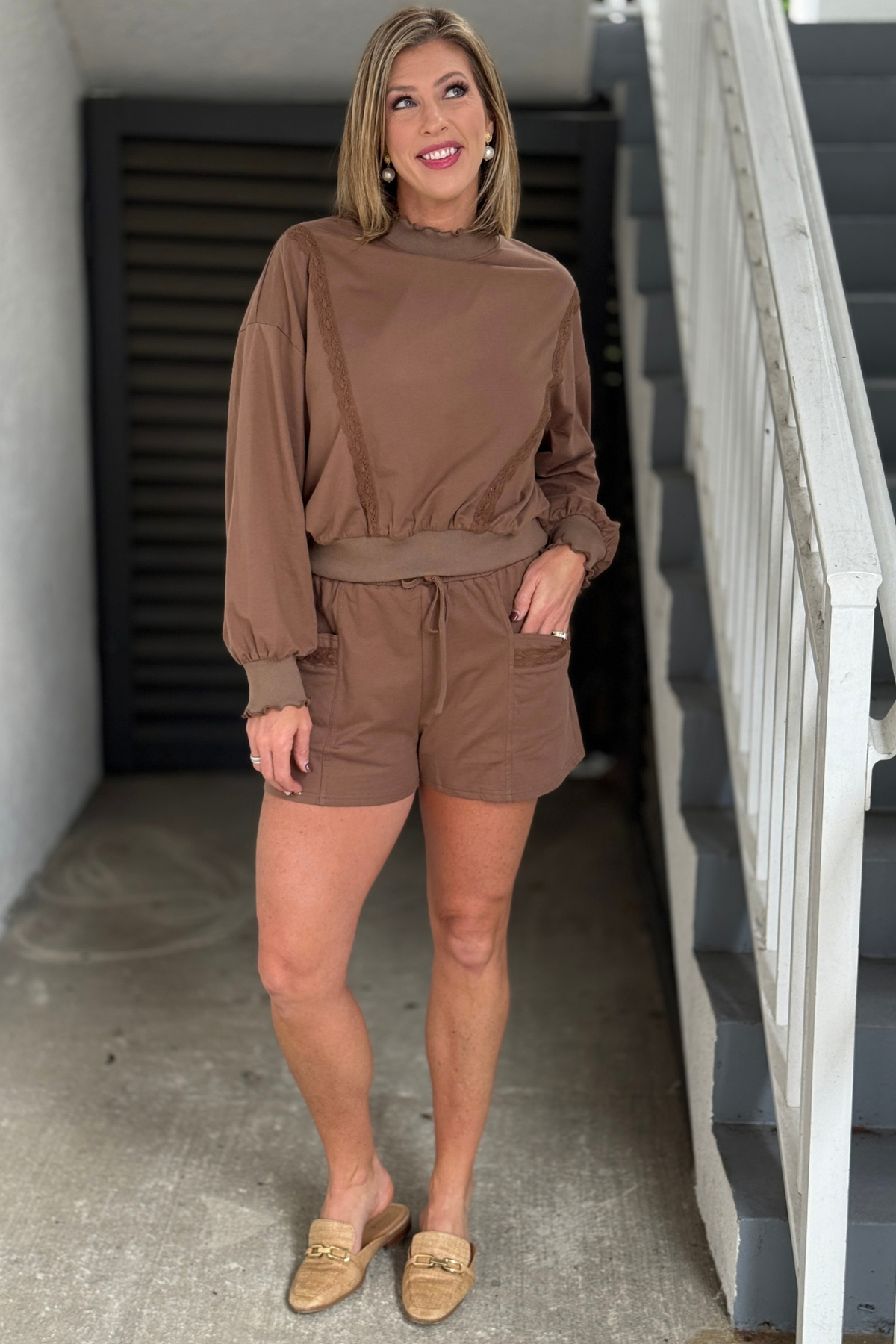 Lace trim pullover and shorts lounge set in mocha
