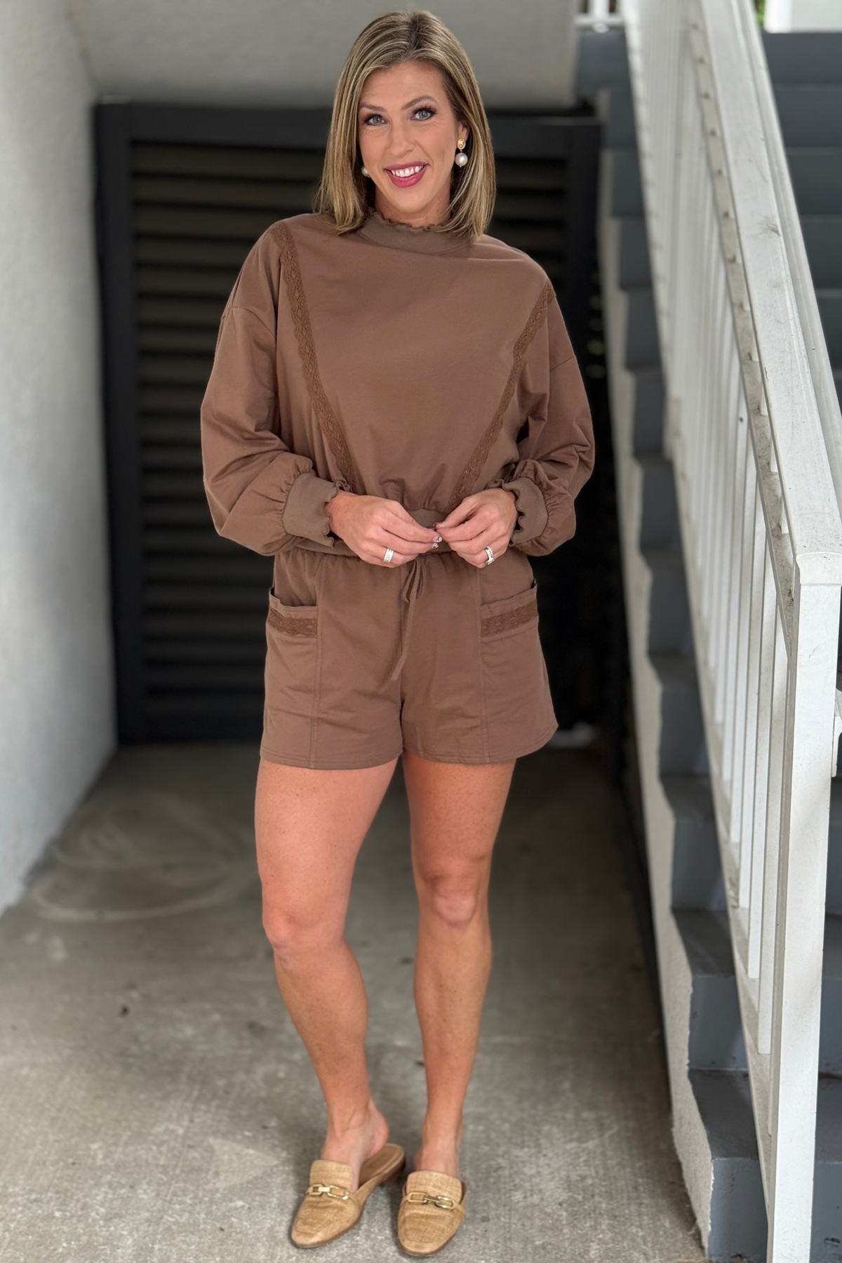 Women’s mocha two piece lounge set with lace detail