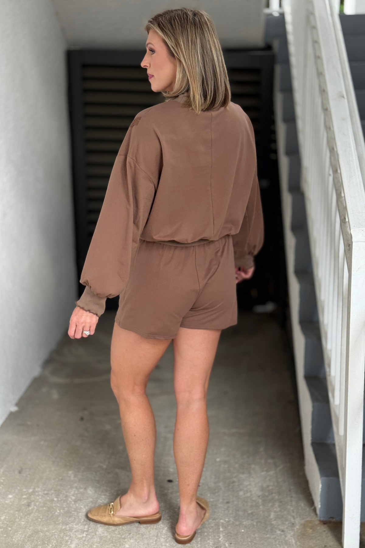 Mocha matching shorts set with front patch pockets