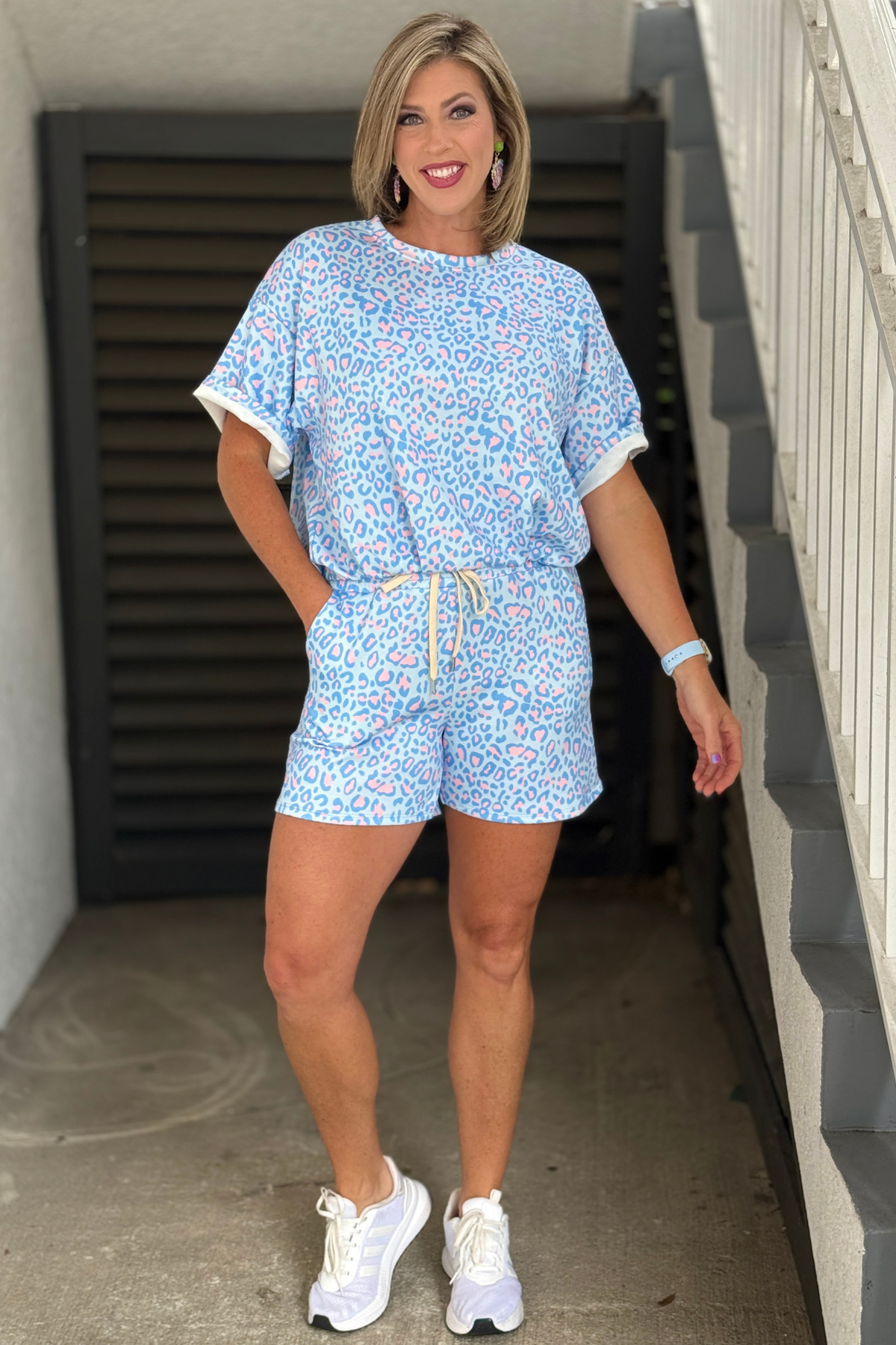 Pastel leopard print matching set with shorts and relaxed top