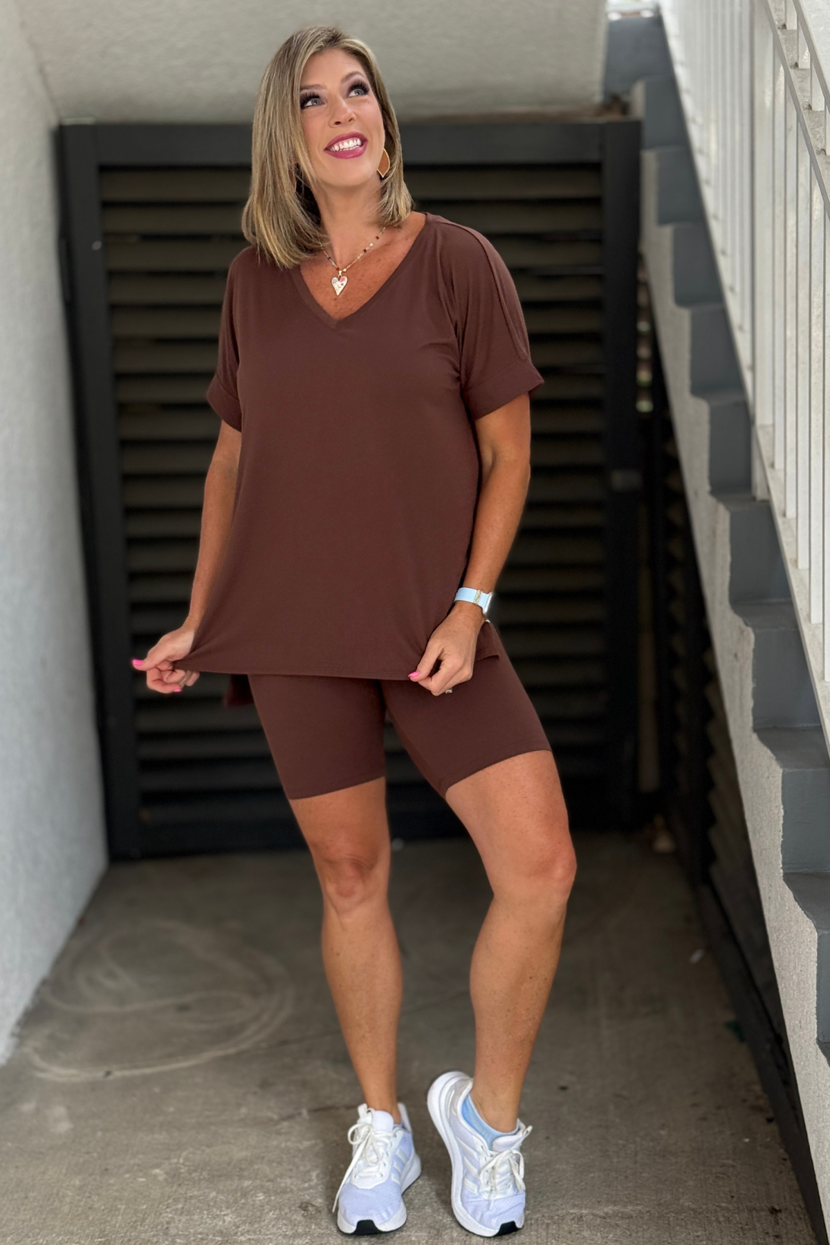 Mocha matching lounge set with biker shorts and rolled sleeves