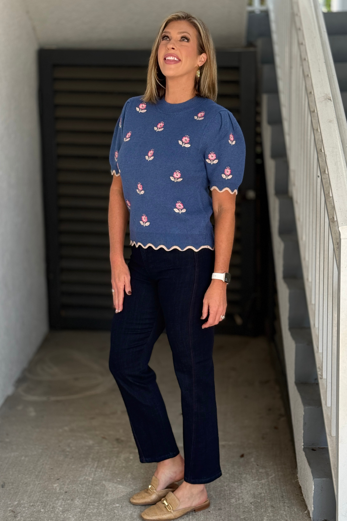 Blue knit sweater top with contrast scalloped sleeve trim