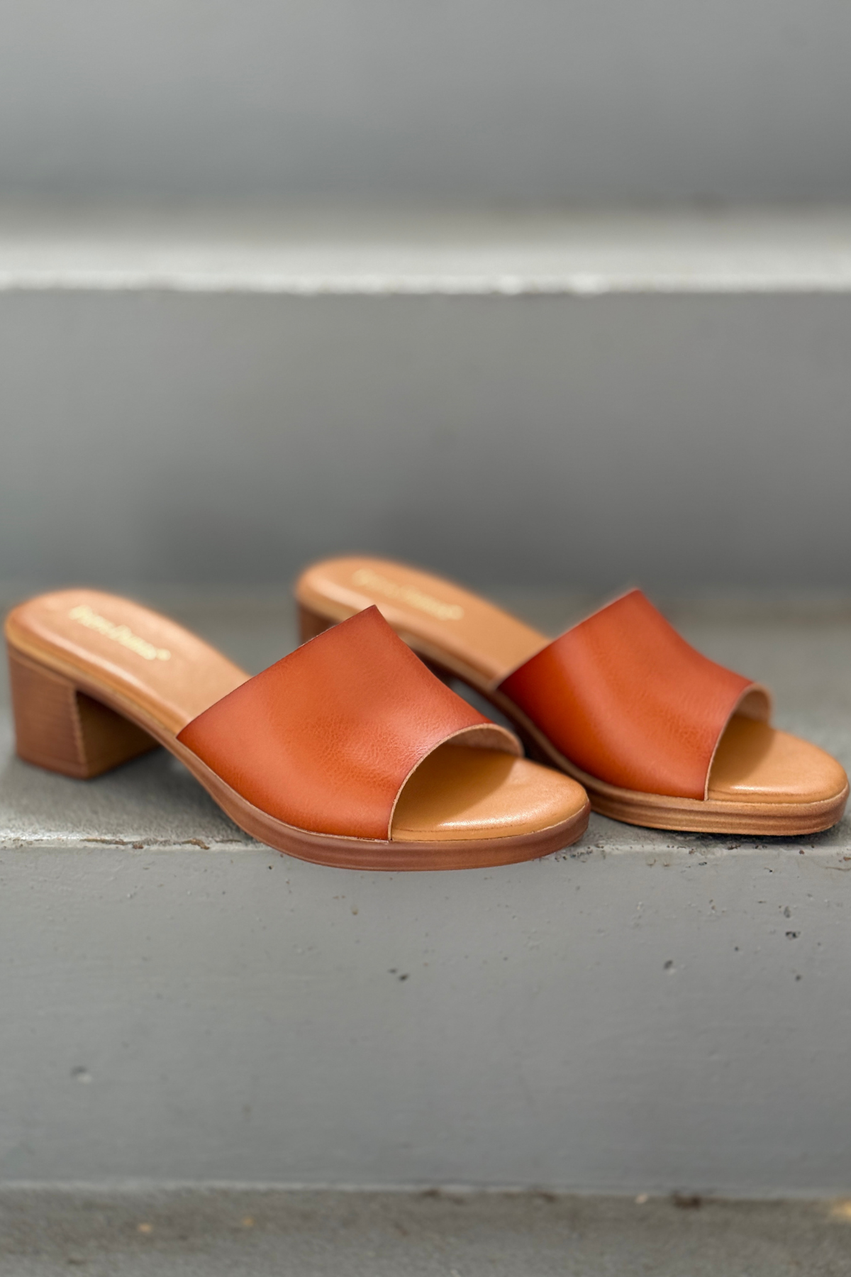 Comfortable cognac faux leather dress sandals