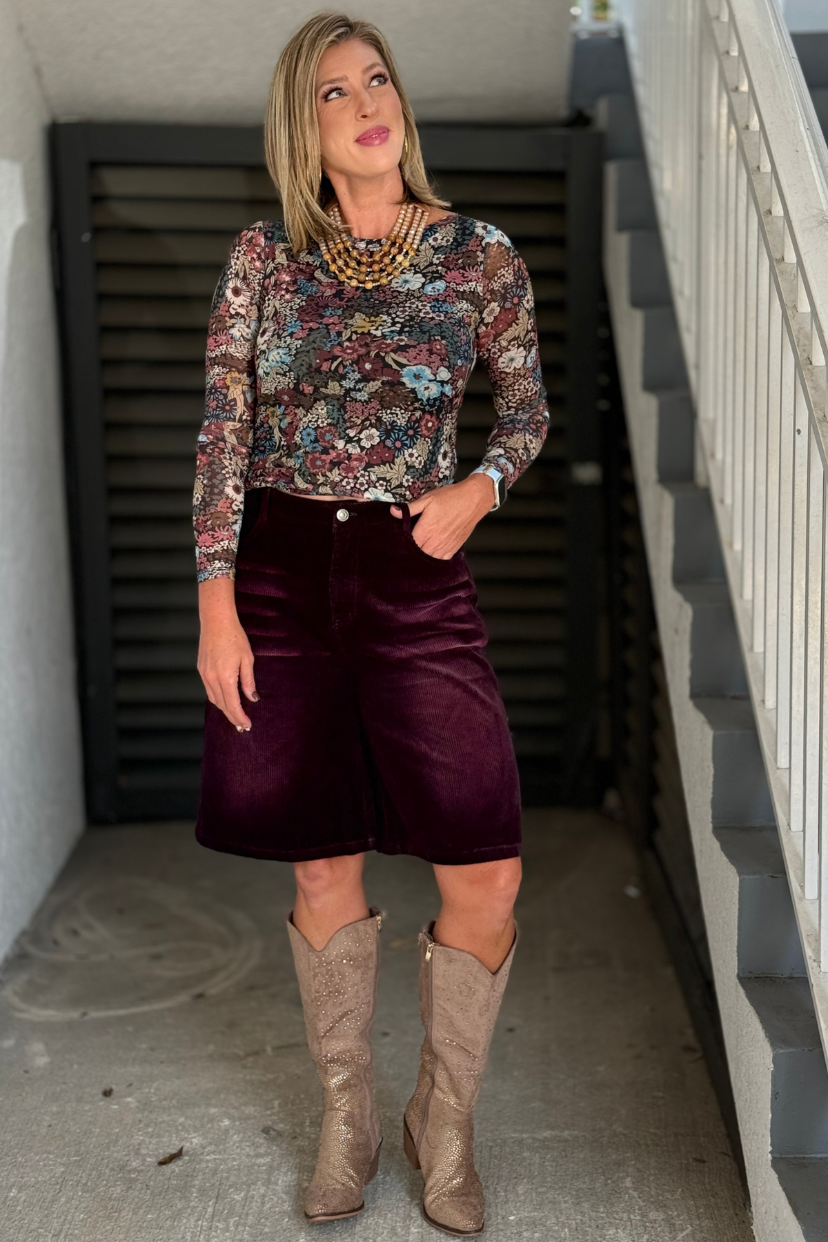 Burgundy knee length corduroy shorts for women